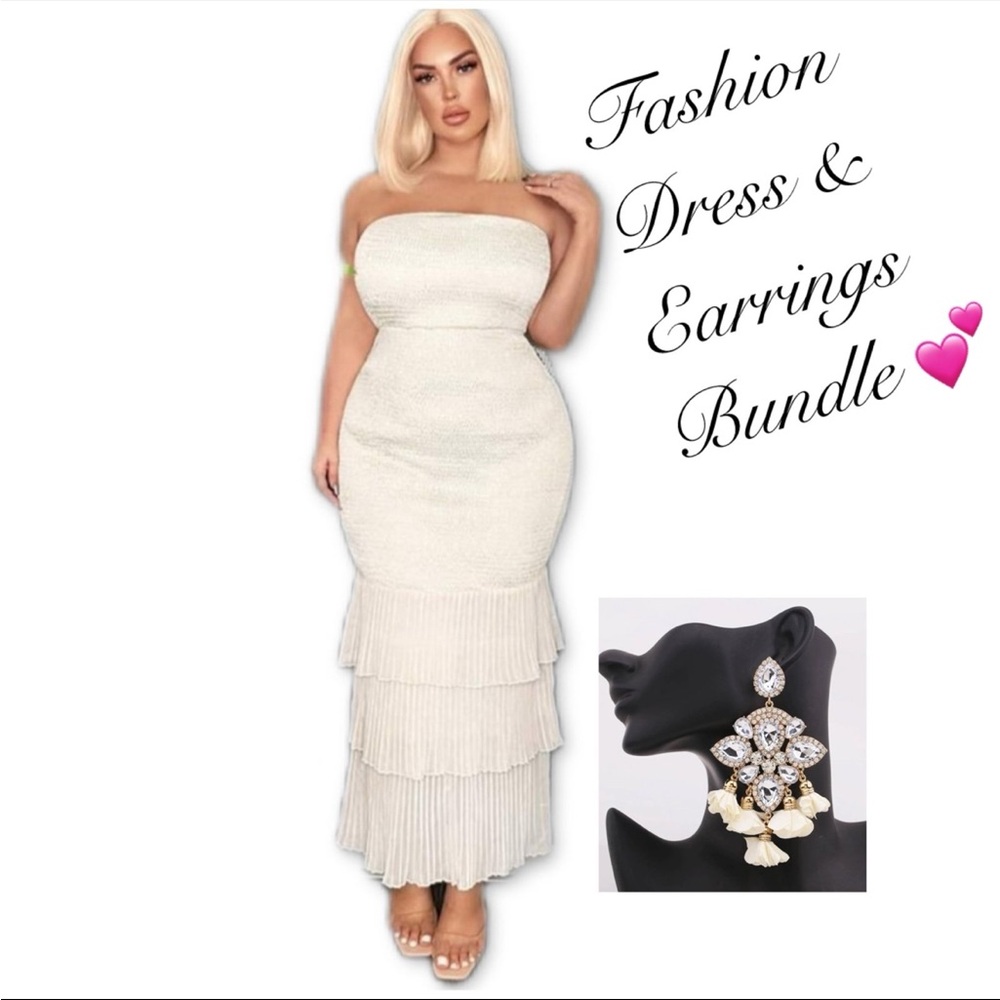 Elegant Off White Strapless Dress & rhinestone earrings bundle